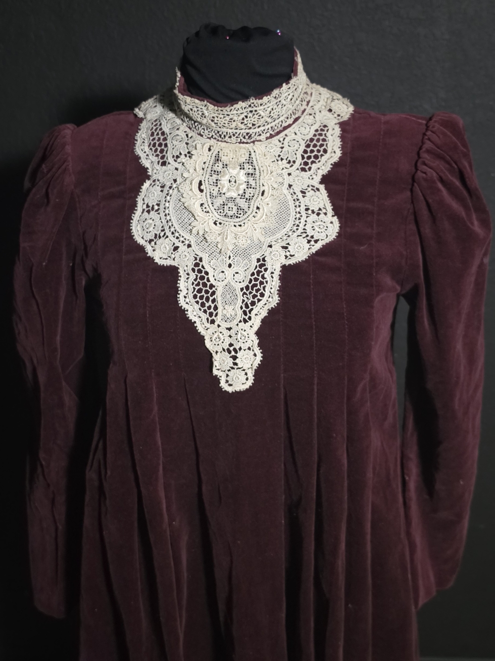 Gunne Sax Plum Velvet Long Sleeve Dress with Ivory Lace Bib